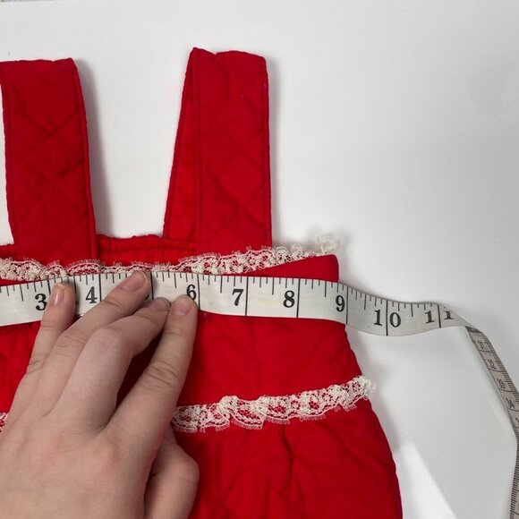 Vintage Red Christmas Quilted Infant footie Overalls with White Lace trim - Picture 8 of 10
